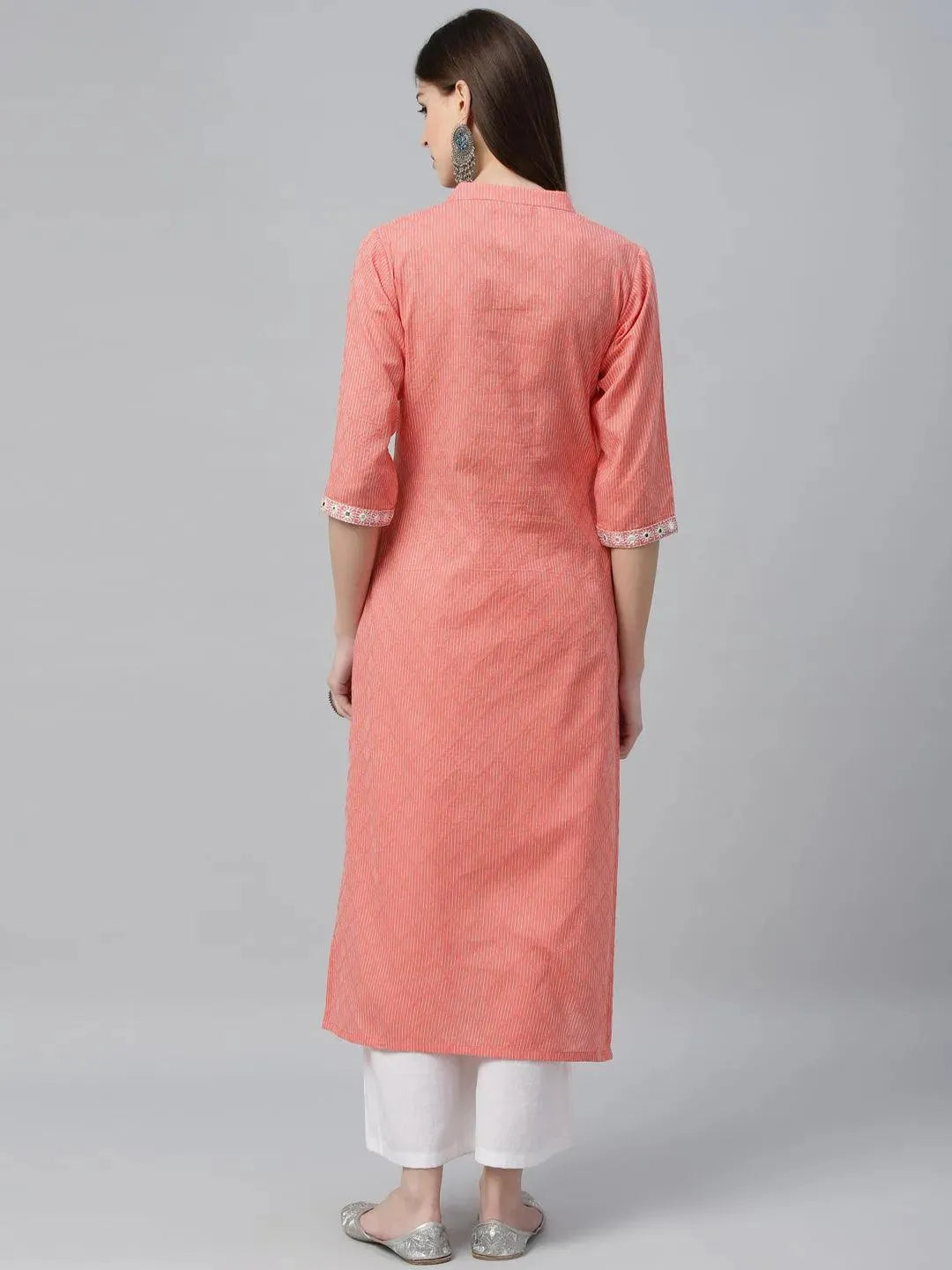 Peach Printed Cotton Kurta - Libas