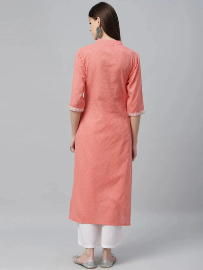 Peach Printed Cotton Kurta - Libas