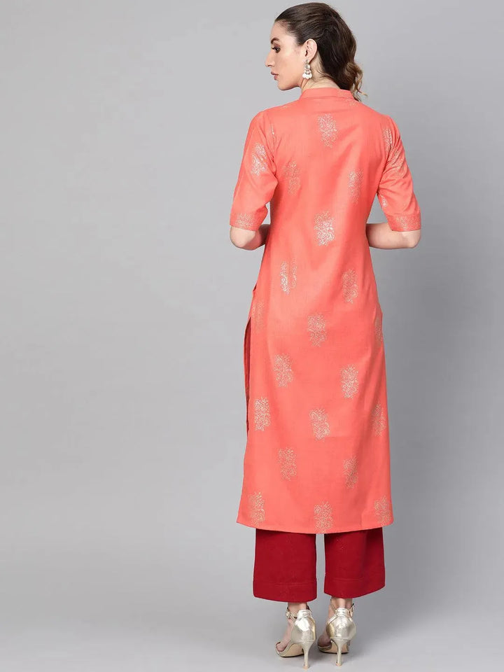 Peach Printed Cotton Kurta - Libas