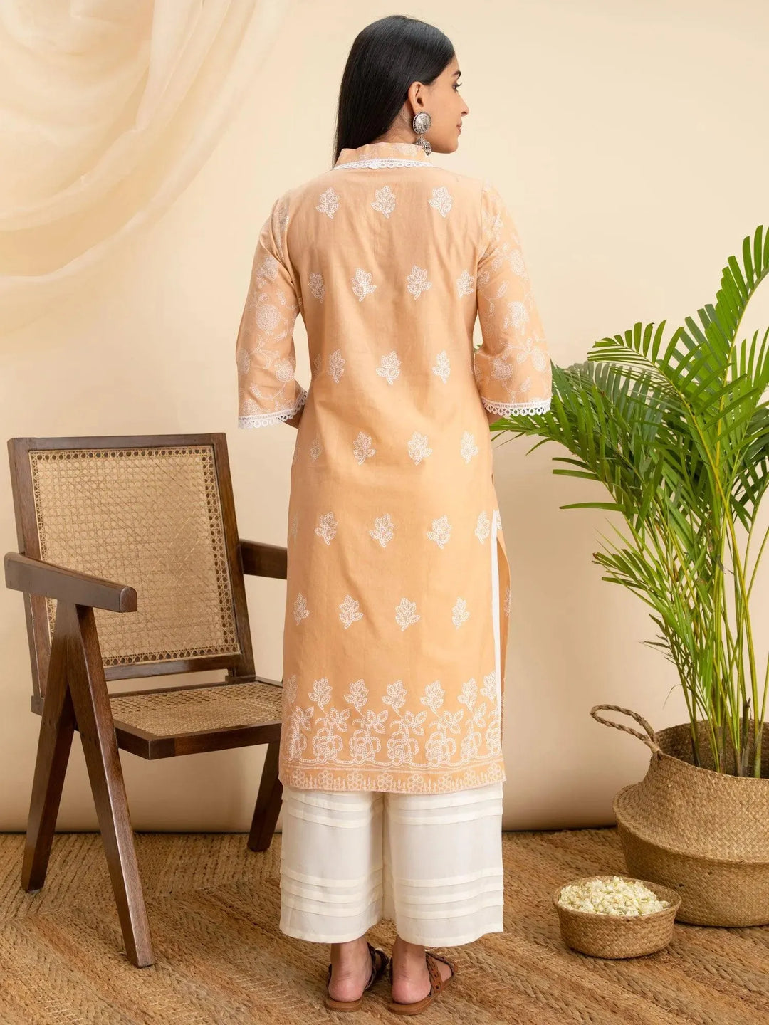 Peach Printed Cotton Kurta - Libas