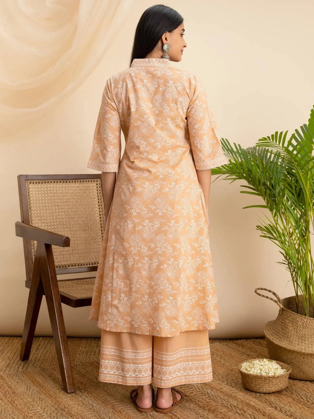 Peach Printed Cotton Kurta - Libas