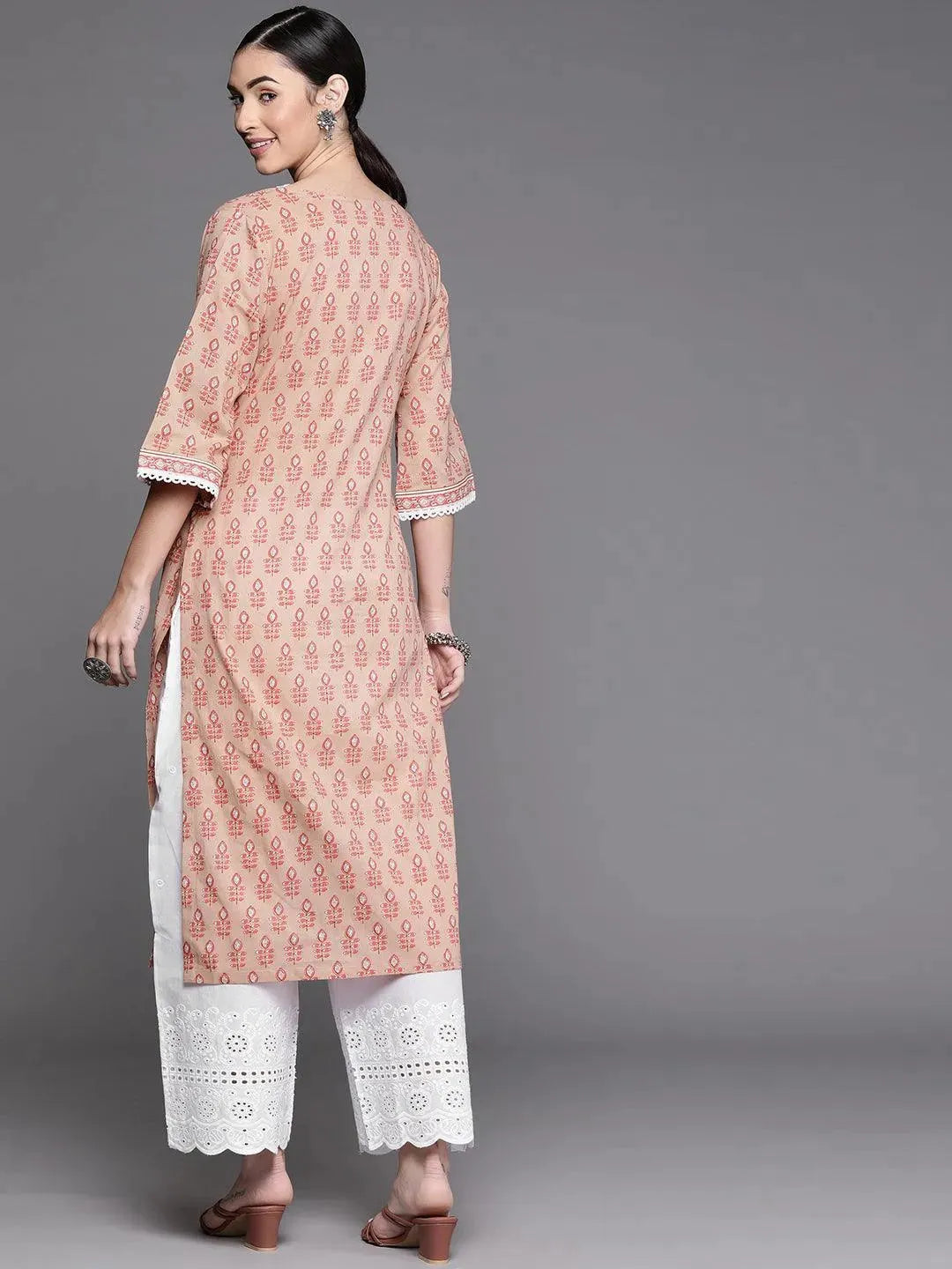 Peach Printed Cotton Kurta - Libas 