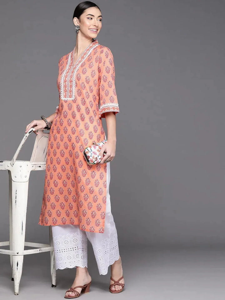 Peach Printed Cotton Kurta - Libas