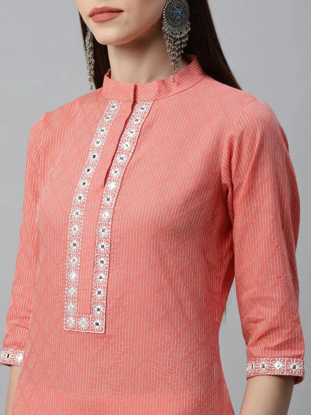 Peach Printed Cotton Kurta - Libas