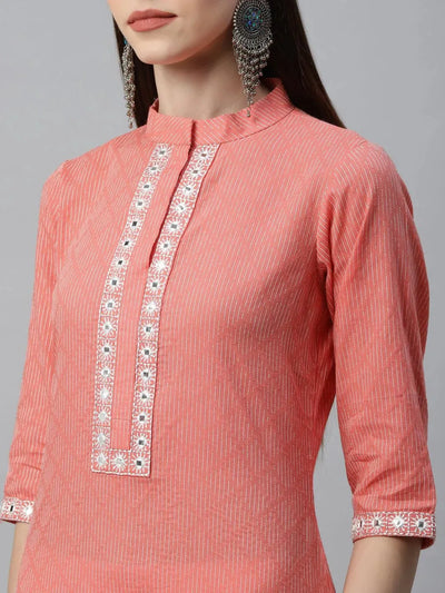 Peach Printed Cotton Kurta - Libas