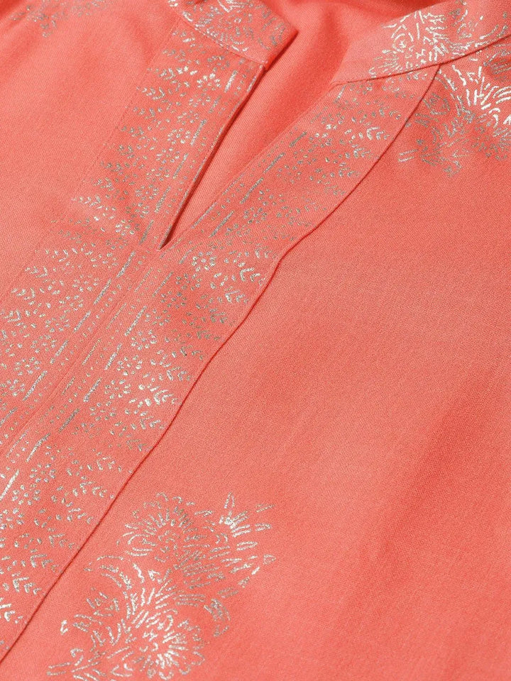 Peach Printed Cotton Kurta - Libas