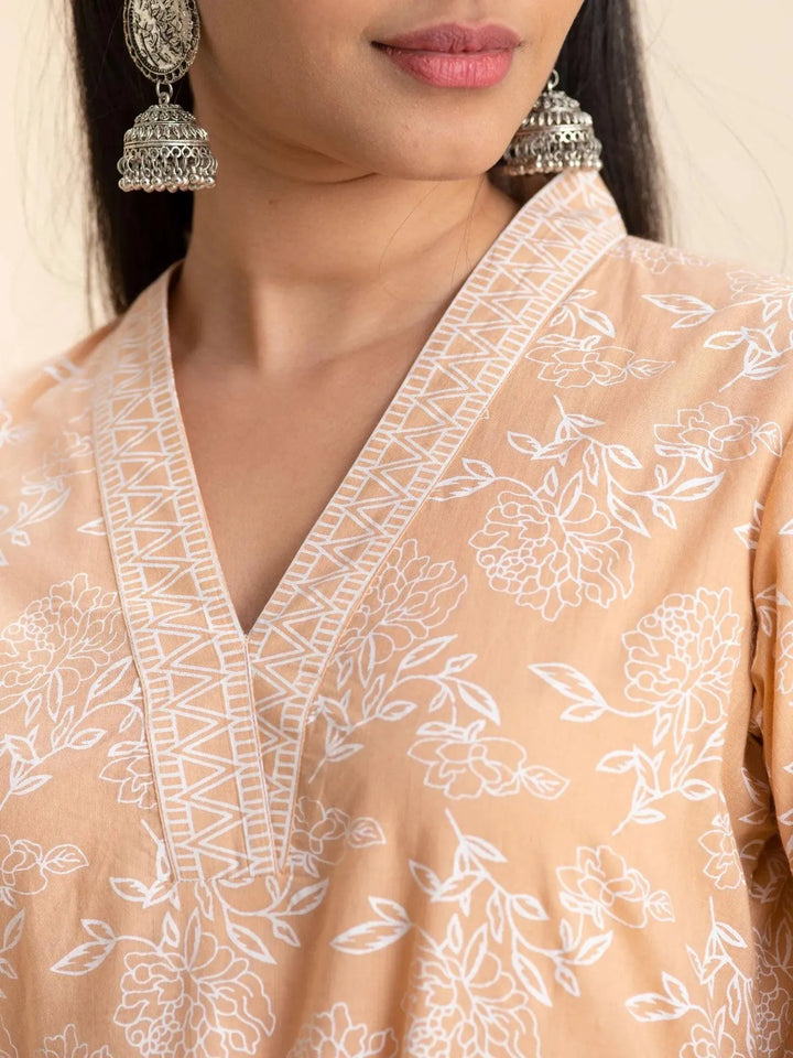 Peach Printed Cotton Kurta - Libas