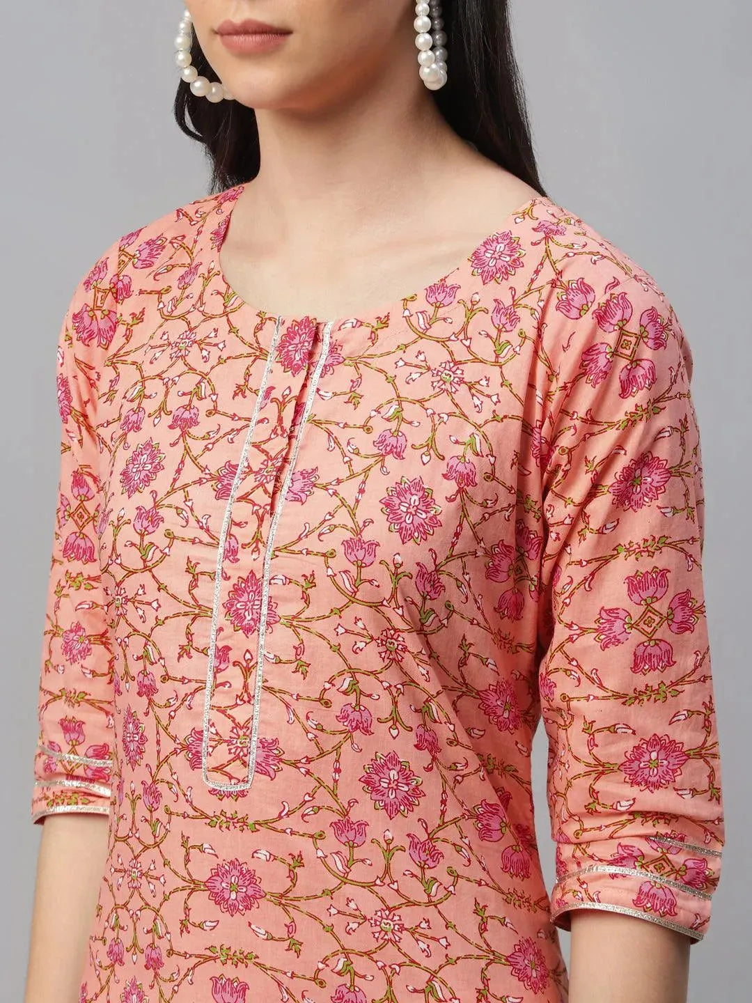 Peach Printed Cotton Kurta - Libas