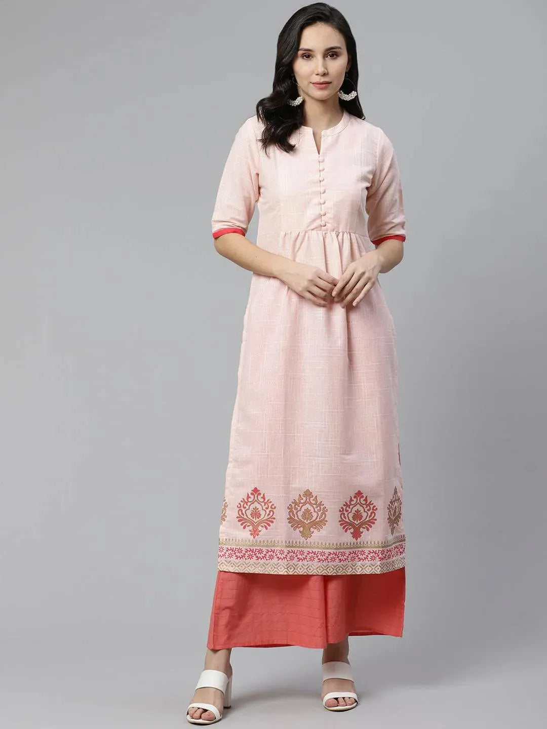 Peach Printed Cotton Kurti - Libas