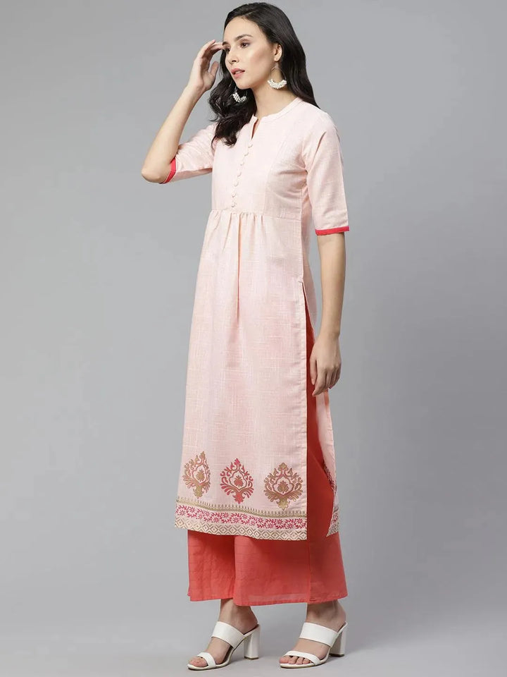 Peach Printed Cotton Kurti - Libas