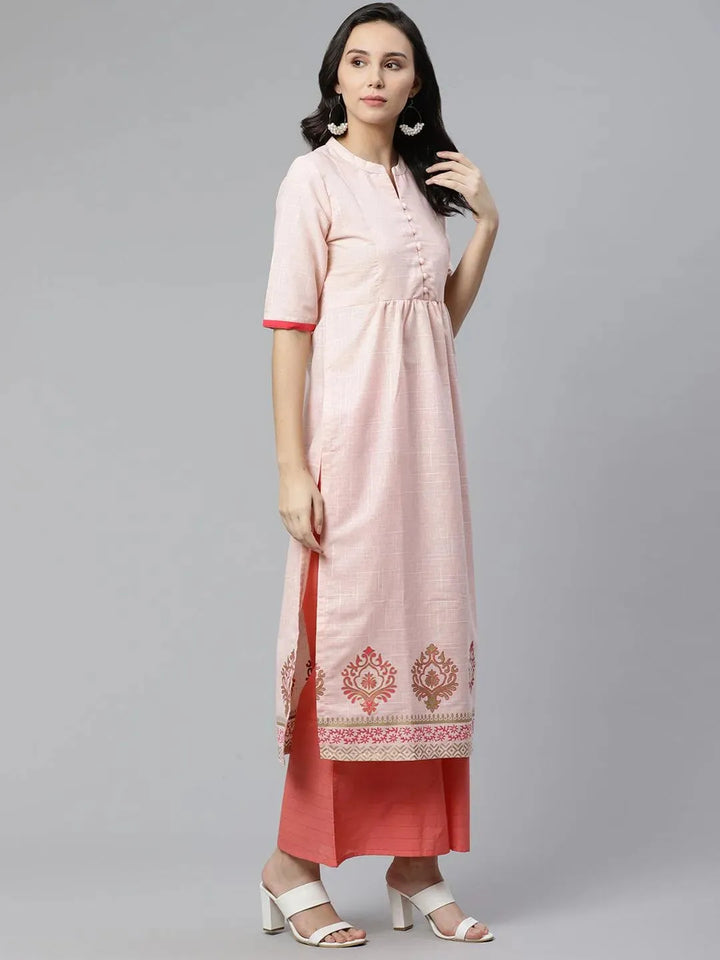 Peach Printed Cotton Kurti - Libas