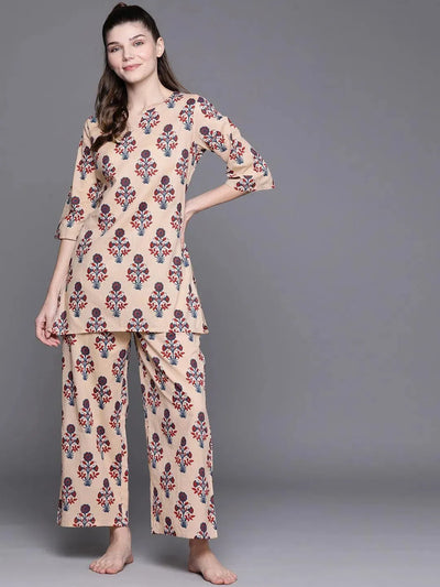 Peach Printed Cotton Night Suit - Libas