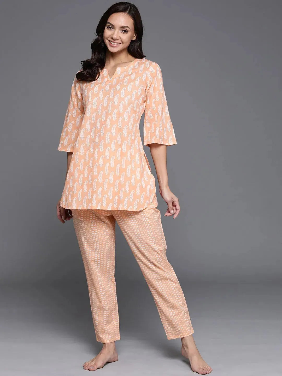 Peach Printed Cotton Night Suit - Libas