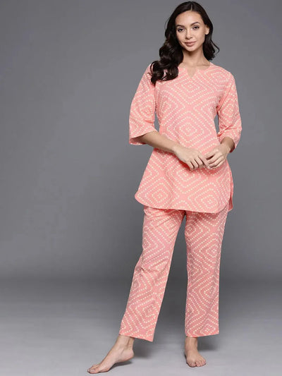 Peach Printed Cotton Night Suit - Libas