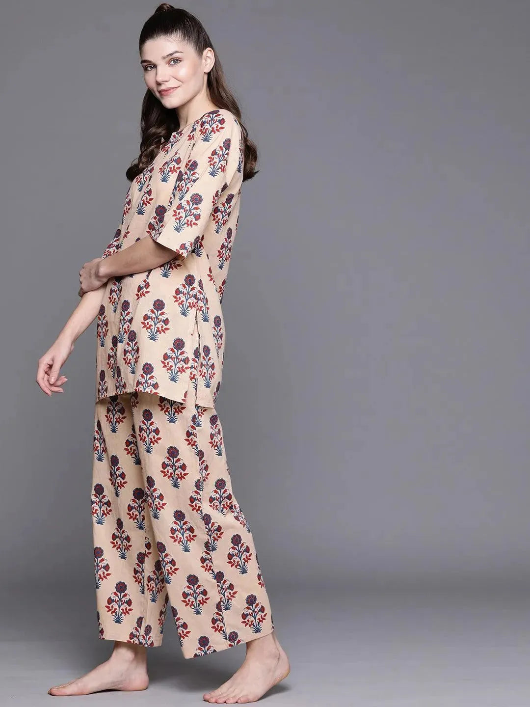 Peach Printed Cotton Night Suit - Libas