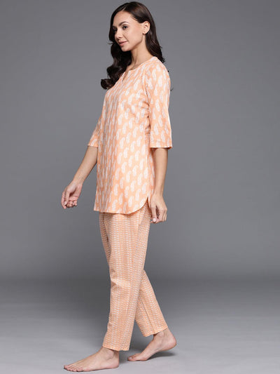 Peach Printed Cotton Night Suit - Libas