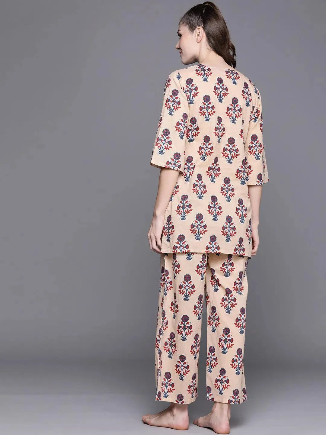 Peach Printed Cotton Night Suit - Libas