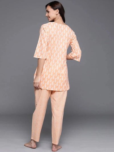 Peach Printed Cotton Night Suit - Libas