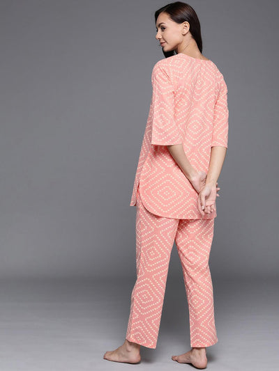 Peach Printed Cotton Night Suit - Libas