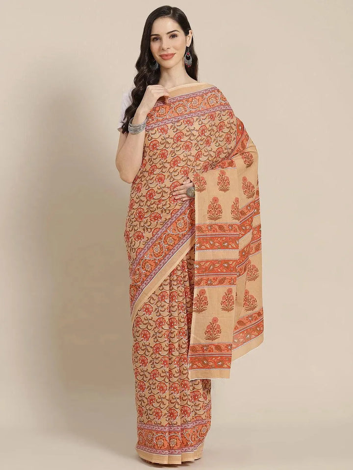 Peach Printed Cotton Saree - Libas