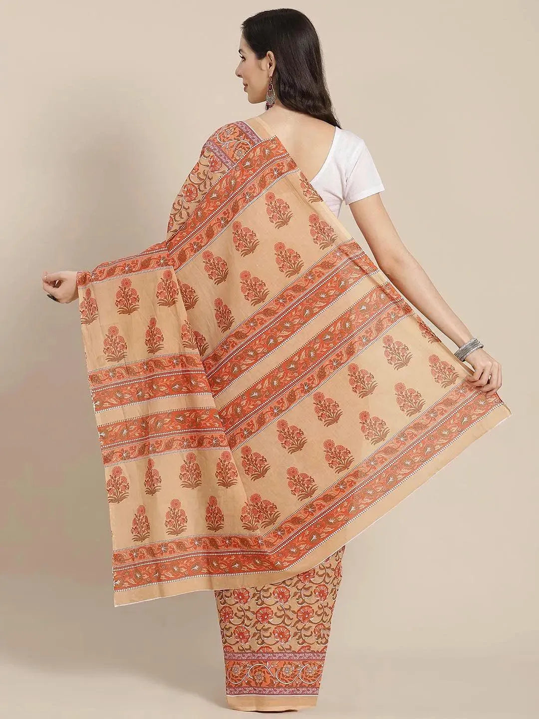 Peach Printed Cotton Saree - Libas