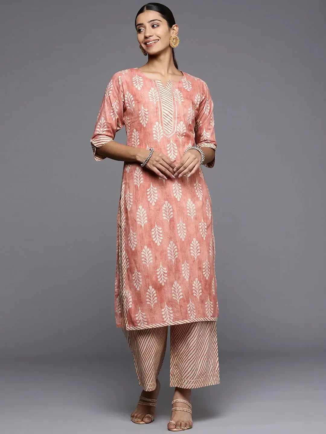 Peach Printed Cotton Straight Kurta - Libas