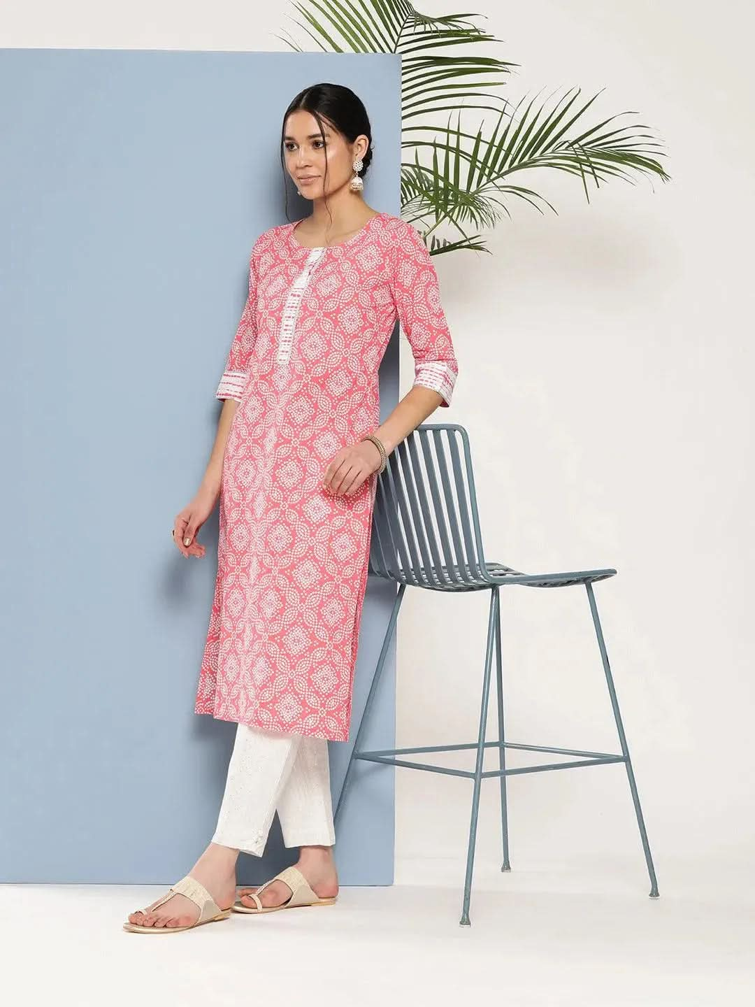 Peach Printed Cotton Straight Kurta - Libas