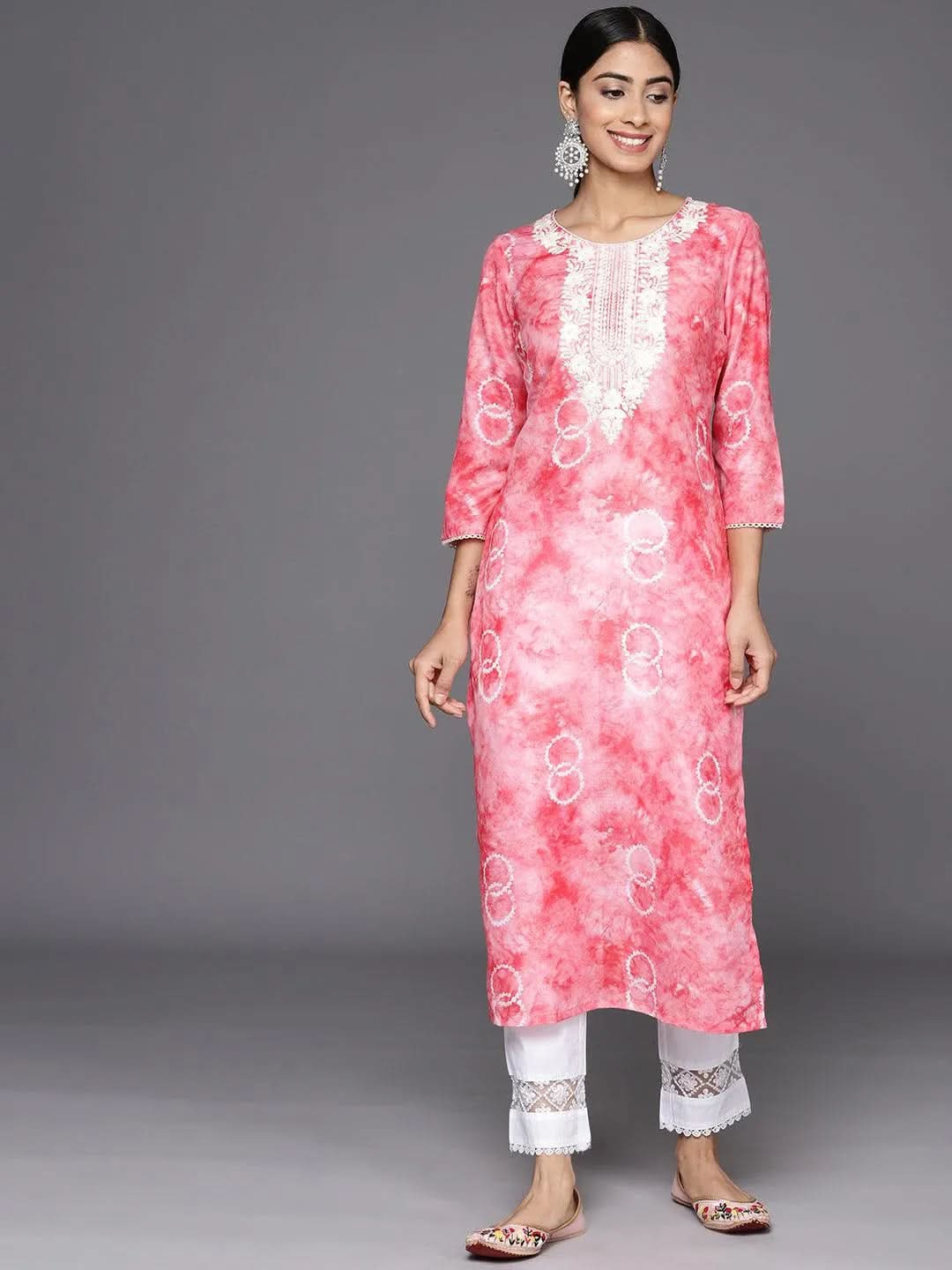 Peach Printed Cotton Straight Kurta - Libas 