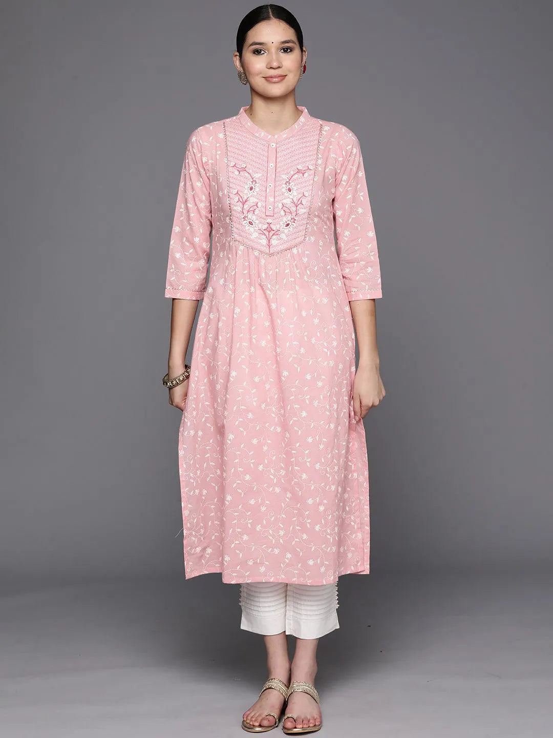 Peach Printed Cotton Straight Kurta - Libas 