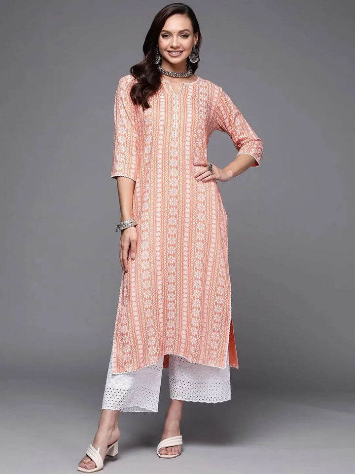Peach Printed Cotton Straight Kurta - Libas