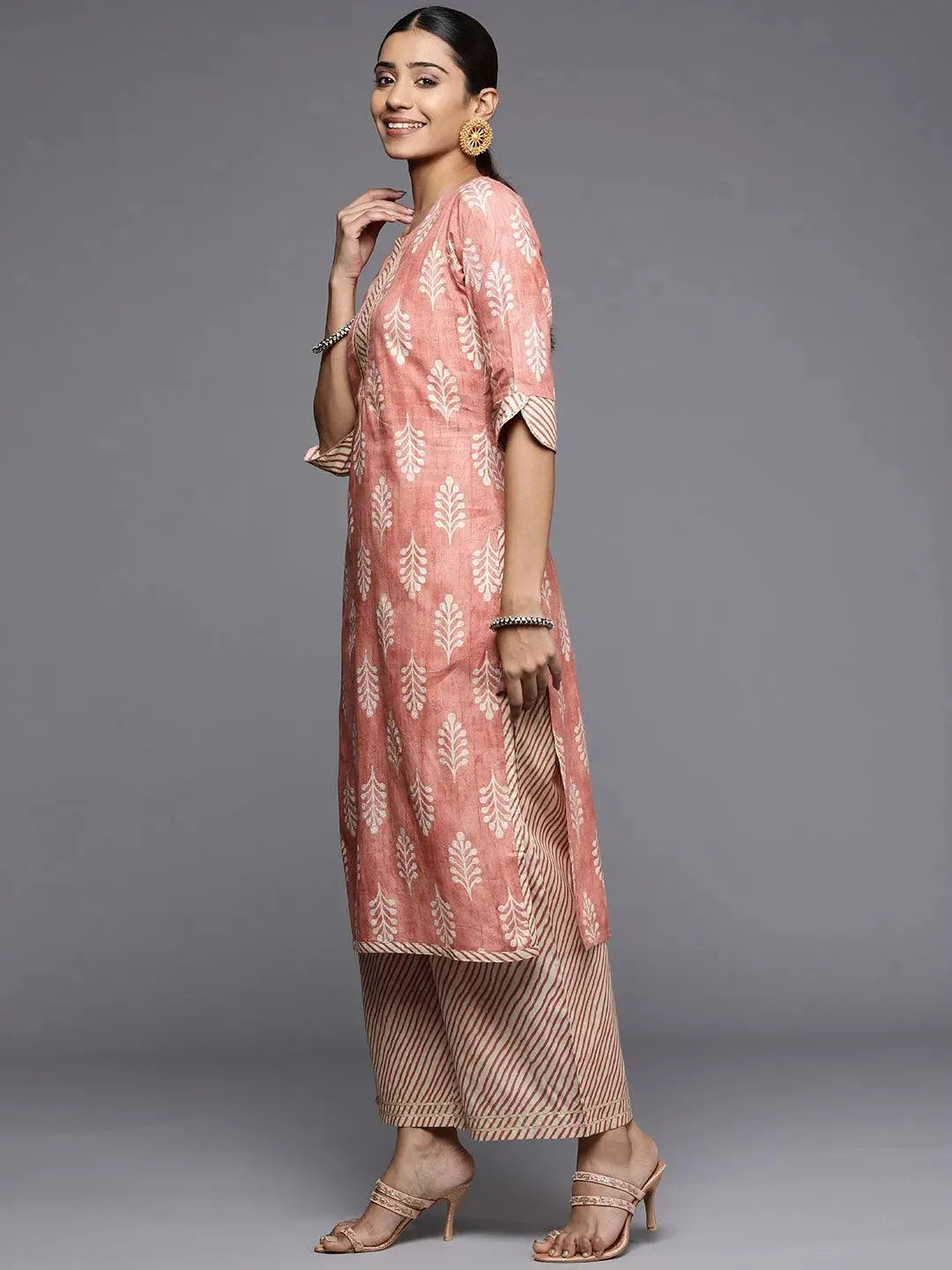 Peach Printed Cotton Straight Kurta - Libas 