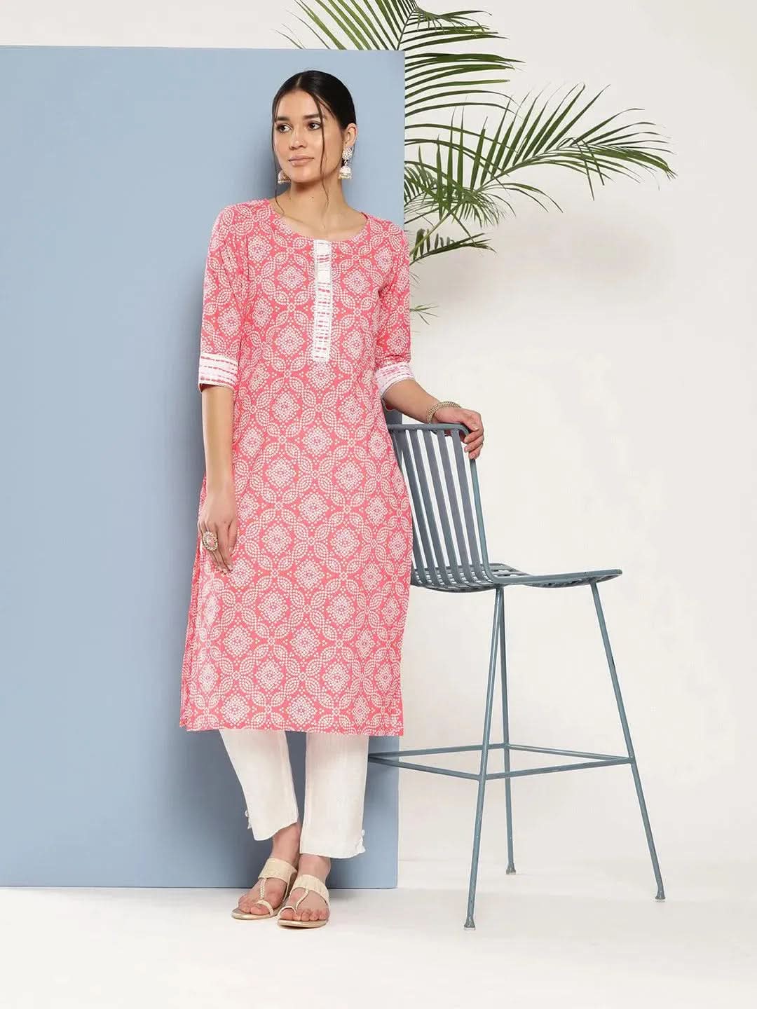 Peach Printed Cotton Straight Kurta - Libas 