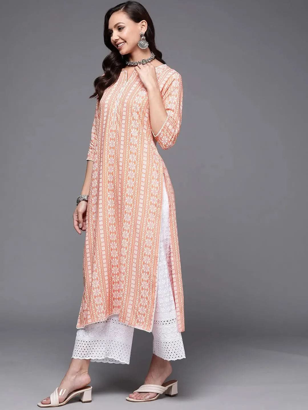 Peach Printed Cotton Straight Kurta - Libas 