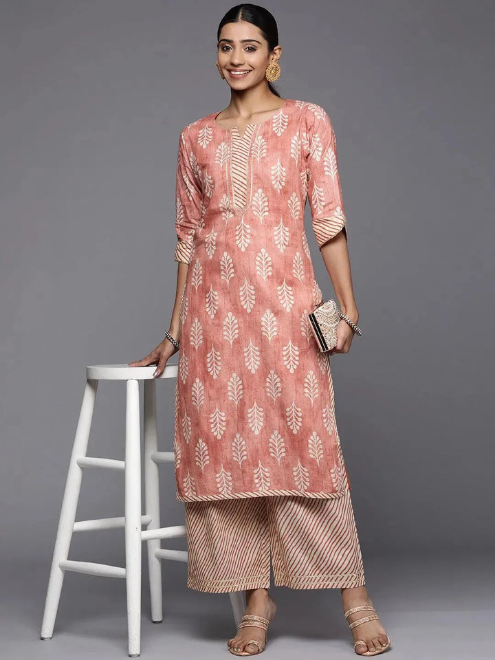 Peach Printed Cotton Straight Kurta - Libas
