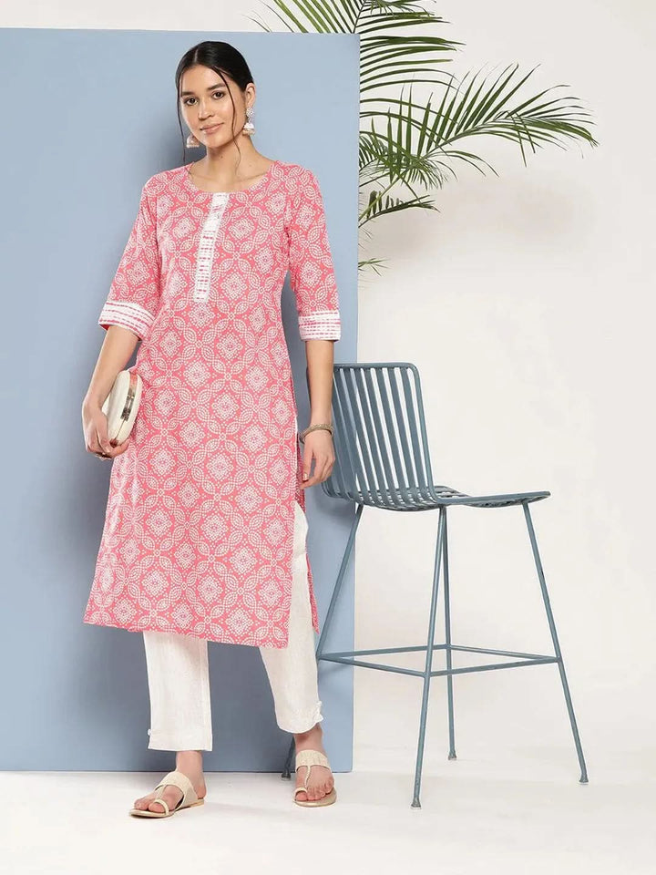 Peach Printed Cotton Straight Kurta - Libas