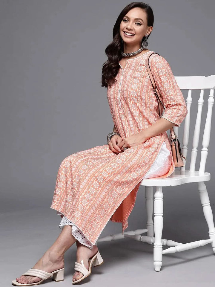 Peach Printed Cotton Straight Kurta - Libas