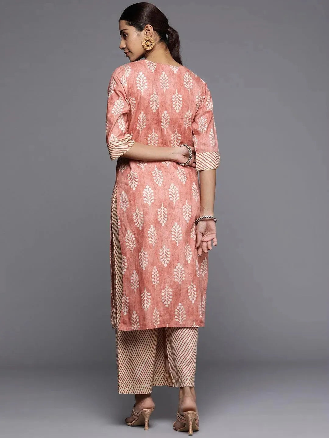 Peach Printed Cotton Straight Kurta - Libas 