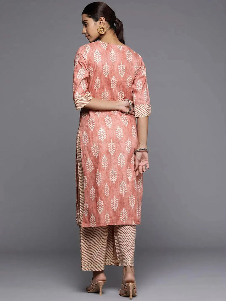 Peach Printed Cotton Straight Kurta - Libas