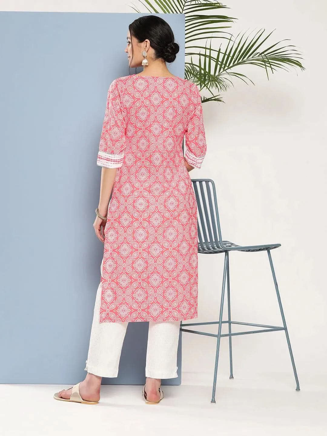 Peach Printed Cotton Straight Kurta - Libas