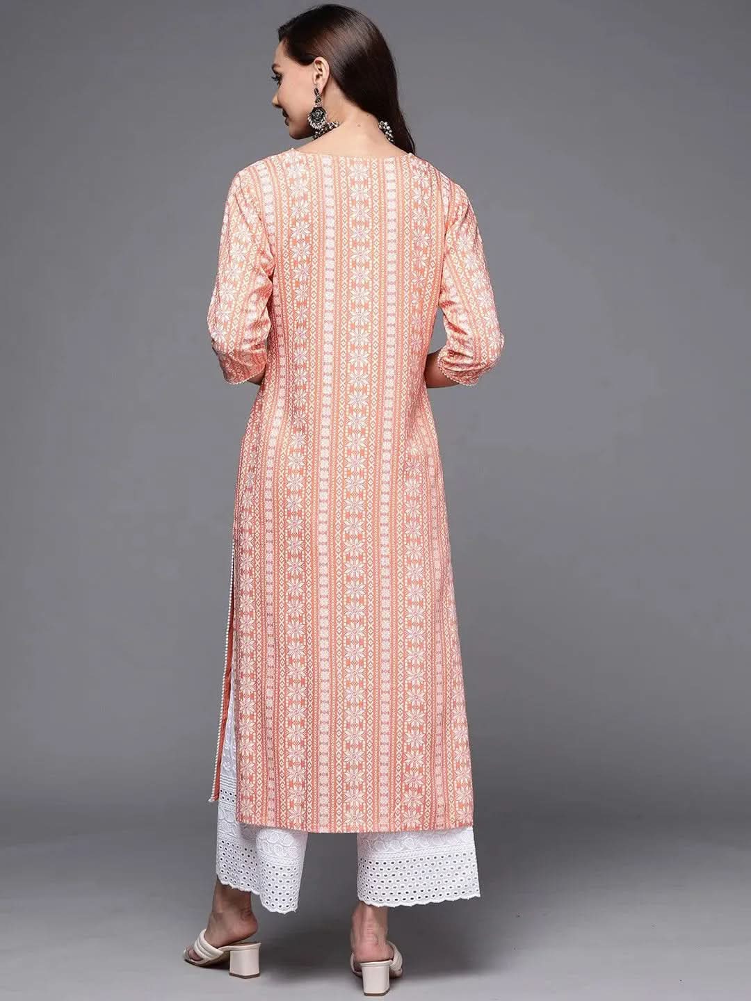 Peach Printed Cotton Straight Kurta - Libas 