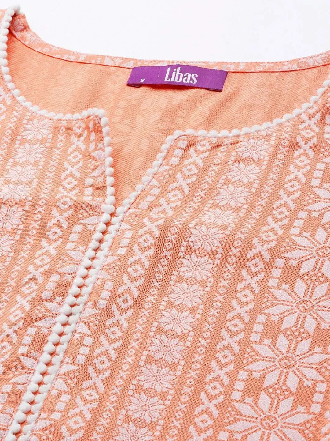 Peach Printed Cotton Straight Kurta - Libas 