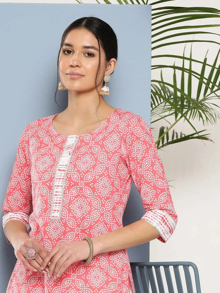 Peach Printed Cotton Straight Kurta - Libas