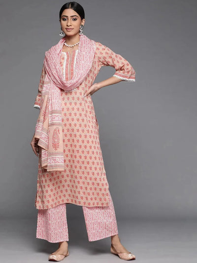 Peach Printed Cotton Suit Set - Libas