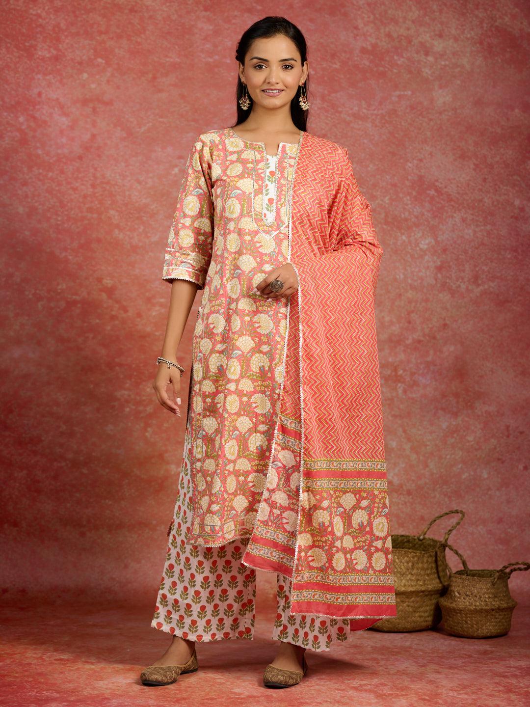 Peach Printed Cotton Straight Suit With Dupatta