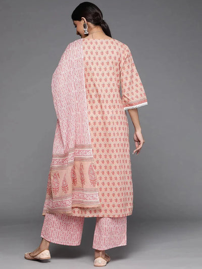 Peach Printed Cotton Suit Set - Libas