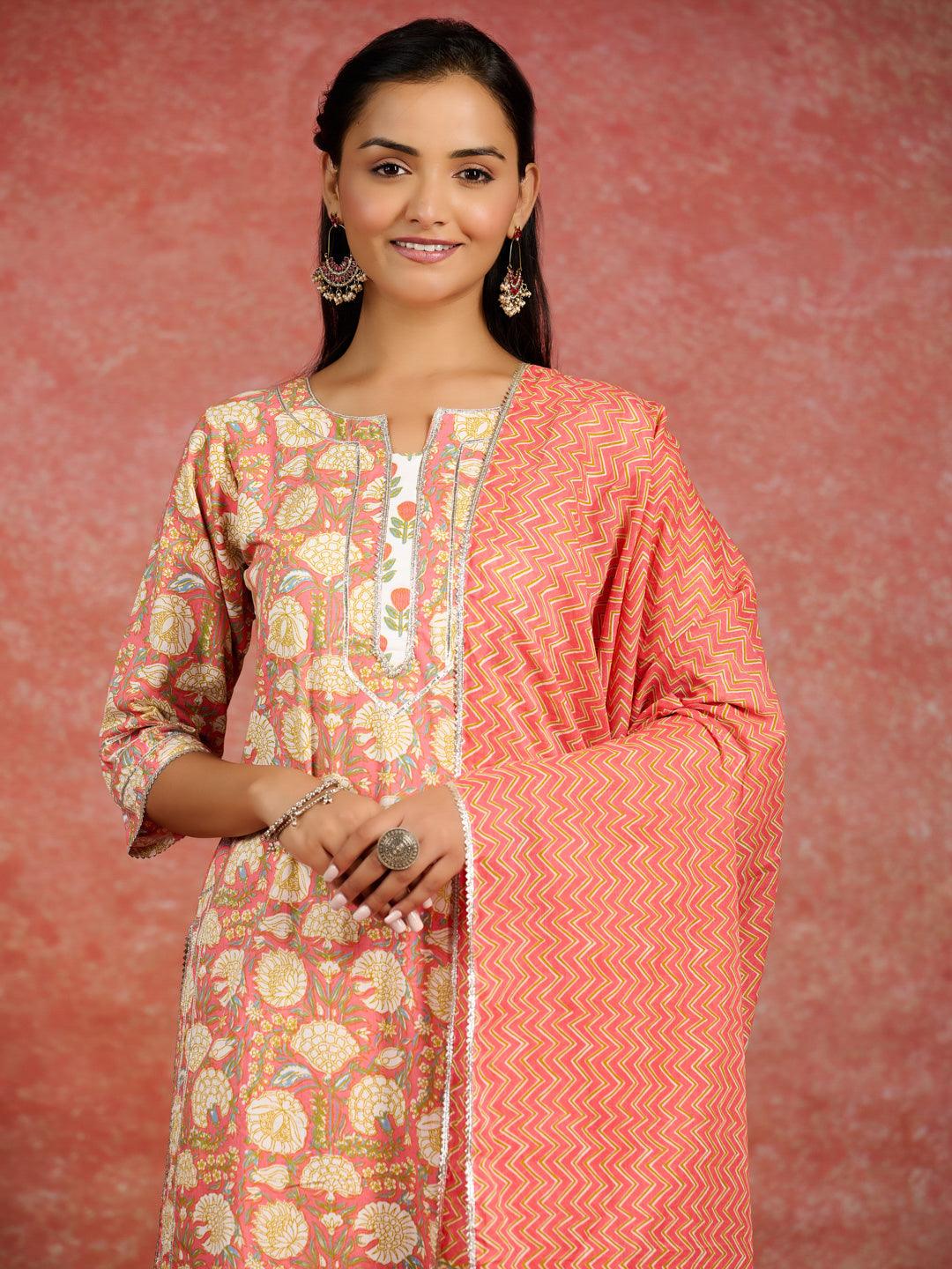Peach Printed Cotton Straight Suit With Dupatta