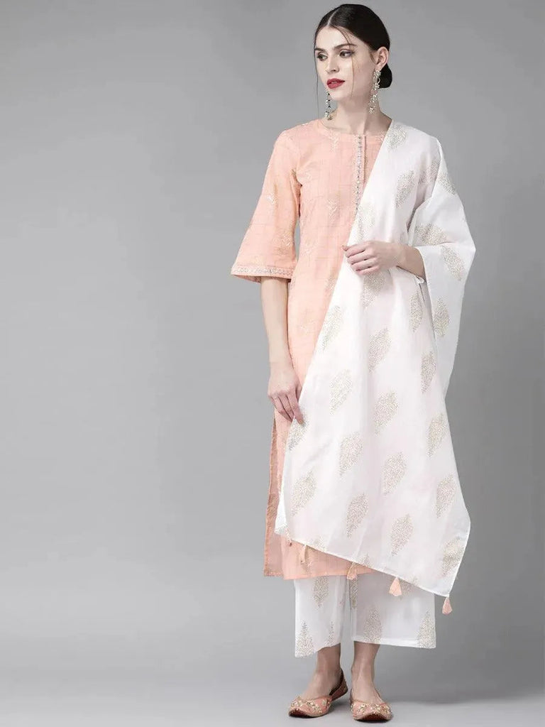 Libas Peach Printed Cotton Straight Kurta With Palazzos & Stole