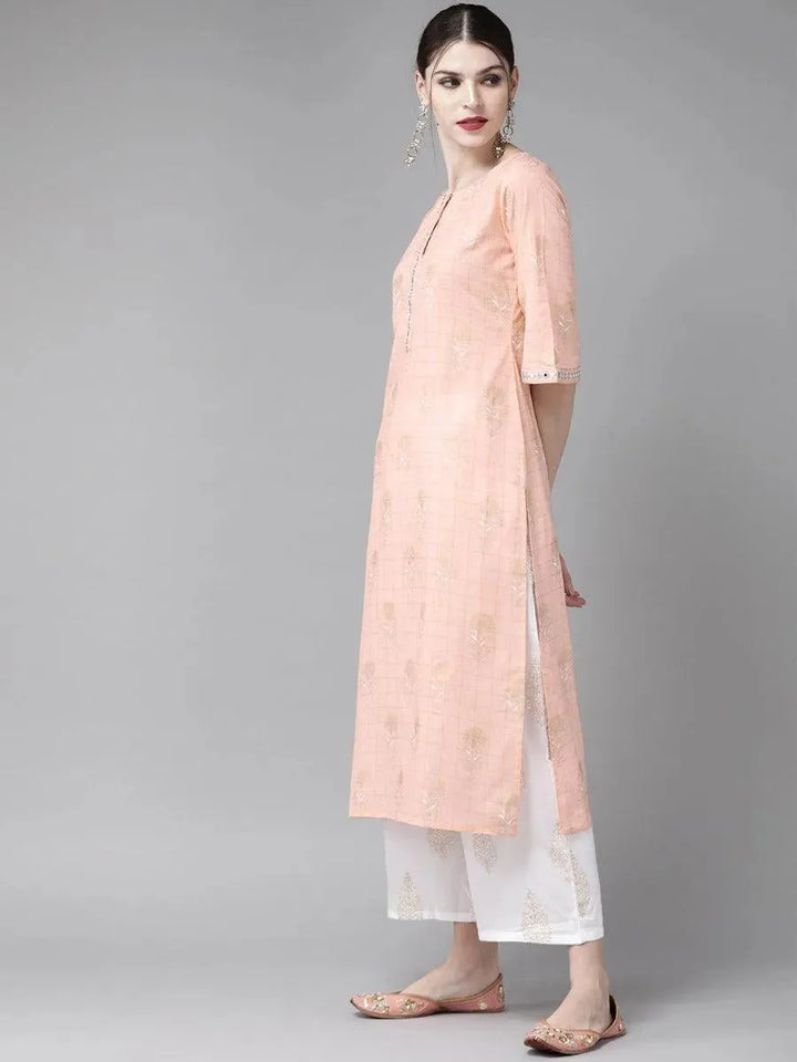 Peach Printed Cotton Suit Set - Libas