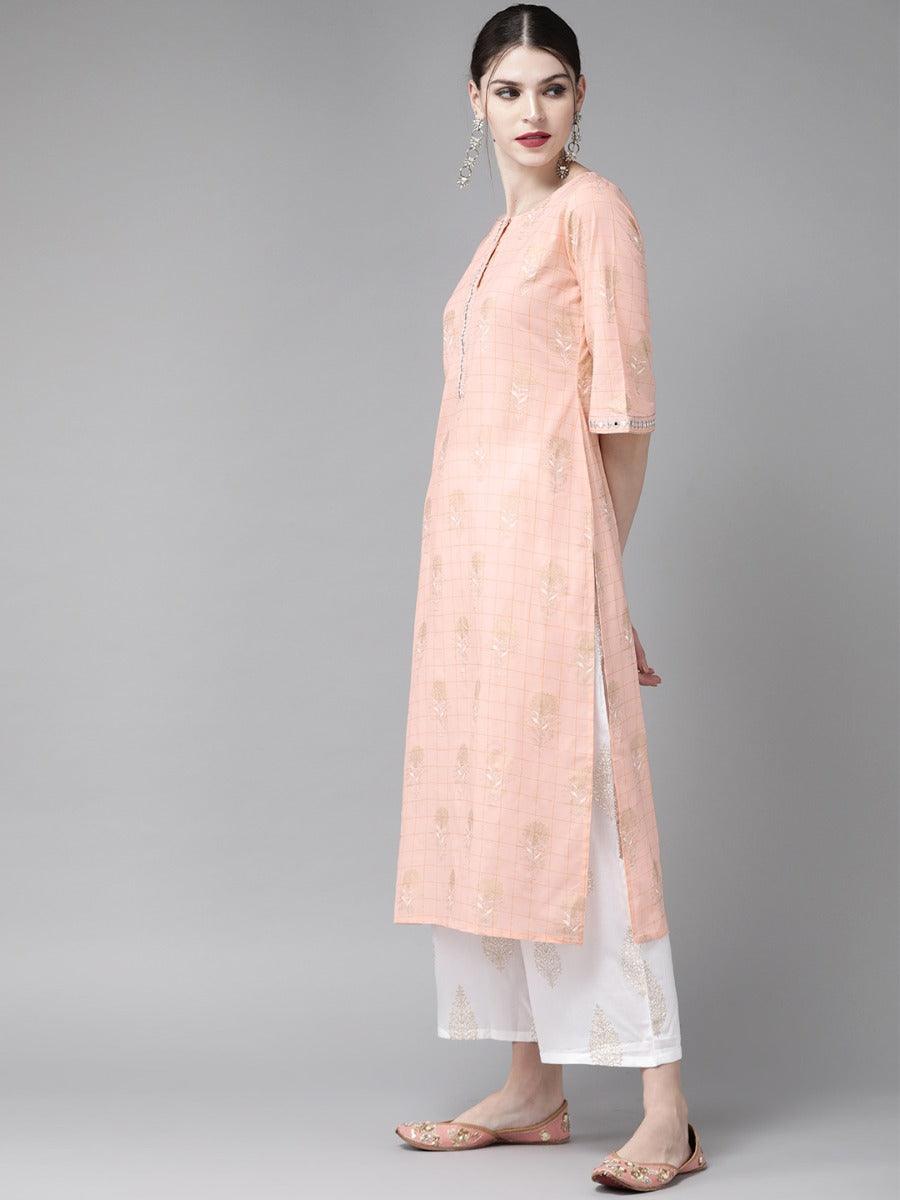 Peach Printed Cotton Suit Set - Libas
