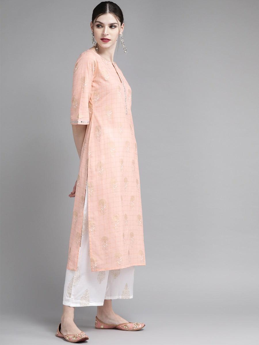 Peach Printed Cotton Suit Set - Libas